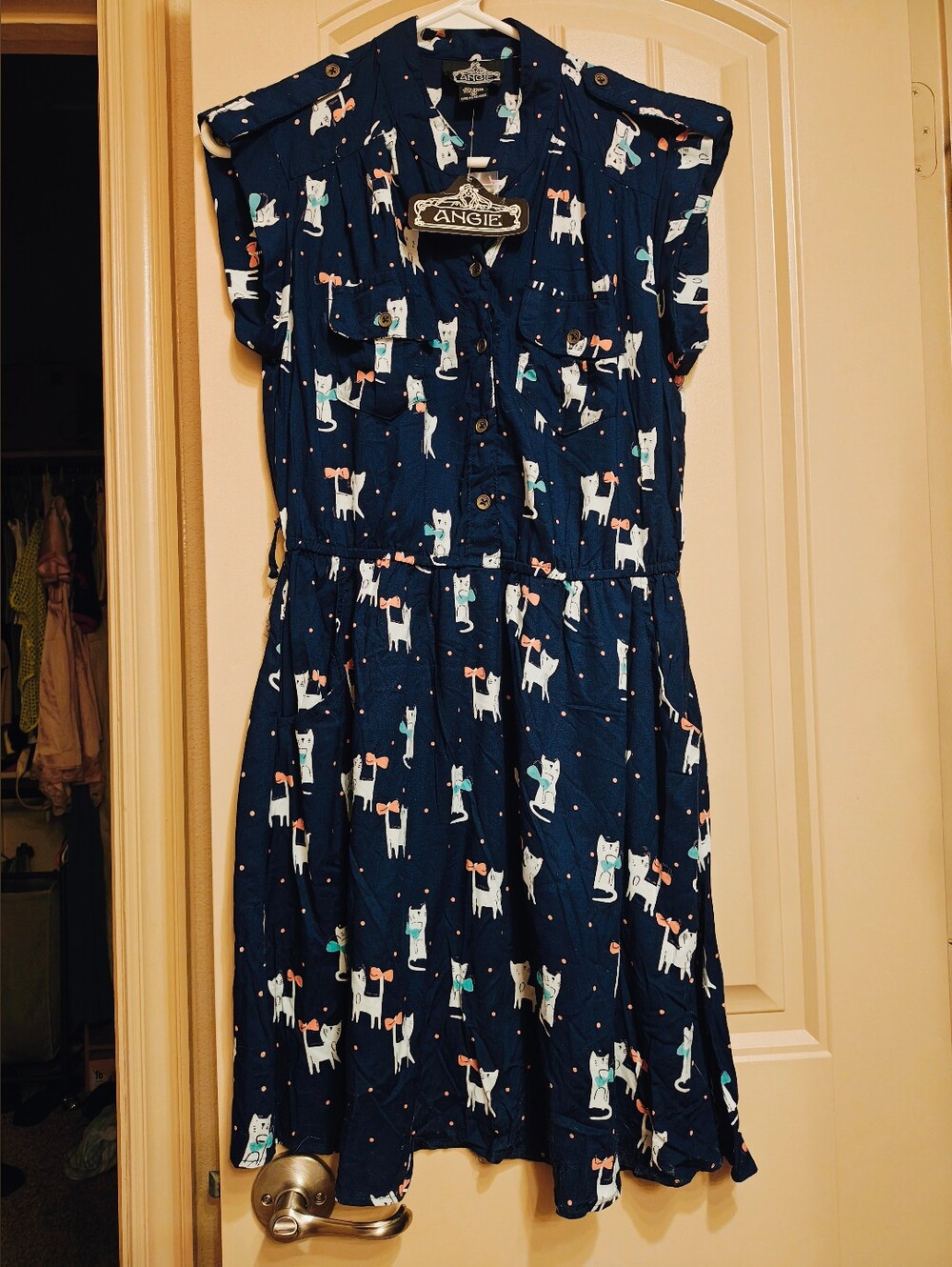 NWT ANGIE Navy cat print mini dress button front elastic Waist Sz M - Picture 8 of 9